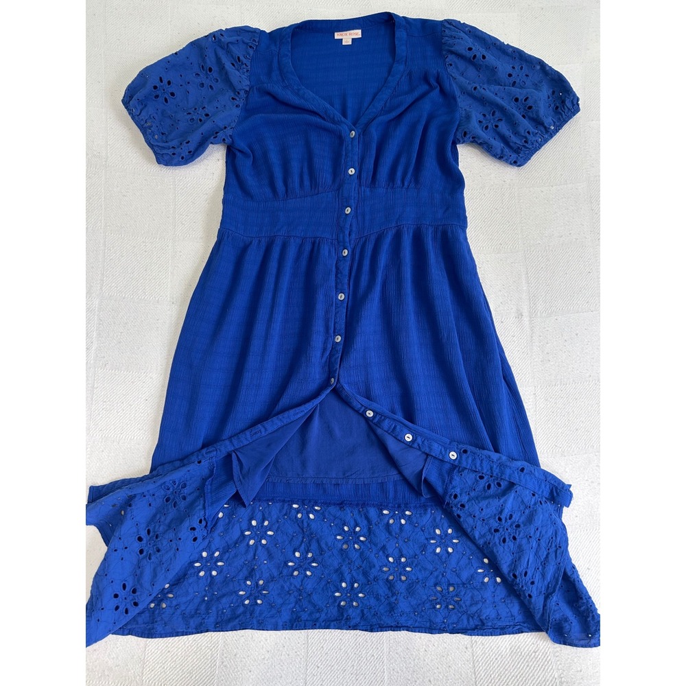 Knox Rose Blue Eyelet Puff Sleeve Button Front Midi Dress Boho Pockets Large